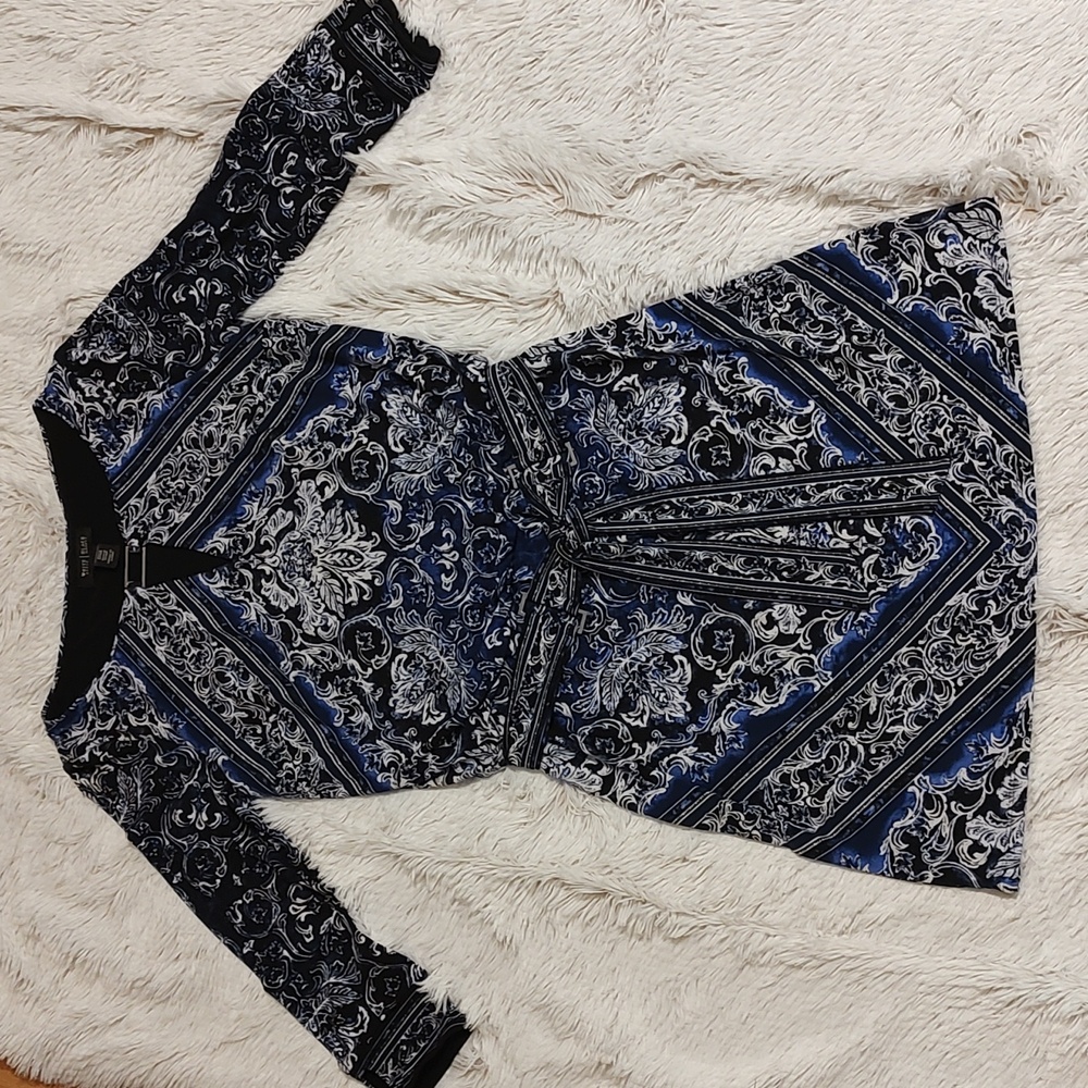 WHBM Damask Print Belted Stretch Dress Blue Black Keyhole Silvertone Hardware S